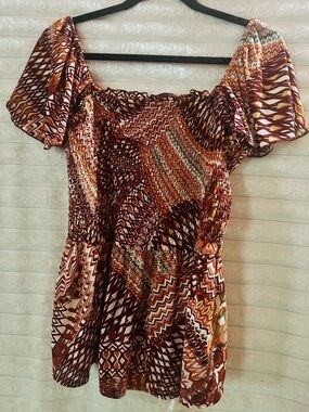 AUW Brown Multi-Print One-Shoulder Women’s Boho Top XL